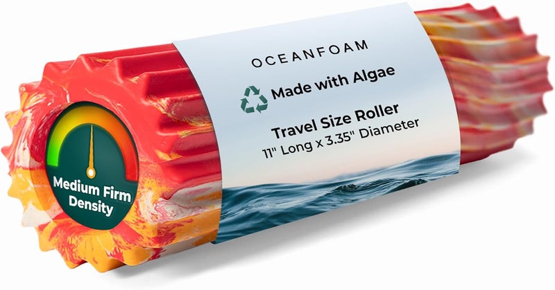Oceanfoam Ripple Travel Foam Roller (11" x 3.35") Firm Mini Foam Roller for Physical Therapy, Deep Tissue Massage, Back Pain - High Density, Wave Textured, Yoga, Exercise (Red, Gold & Natural Marbled) - Image 1